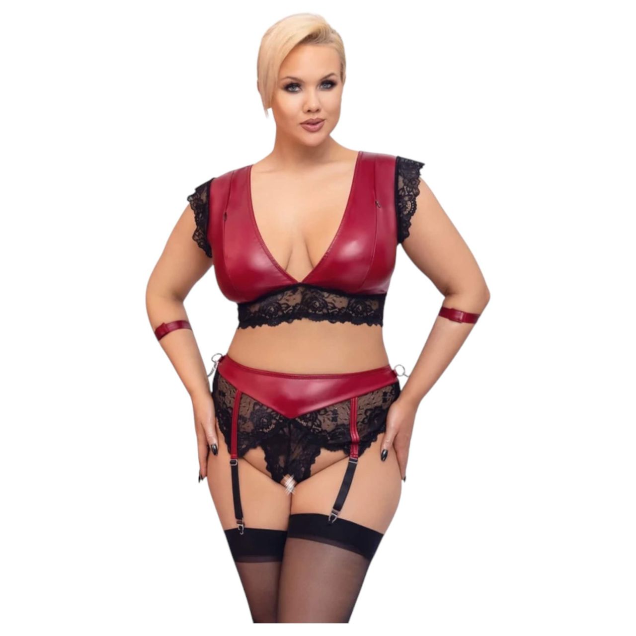 Cottelli Bondage Plus Size - csipkés melltartó szett (piros-fekete)