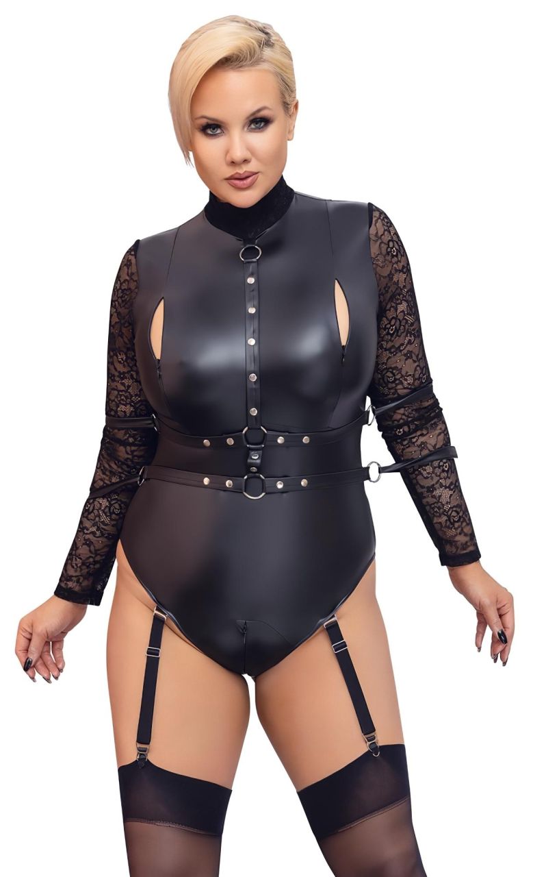 / Cottelli Bondage Plus Size - csipkésujjú body (fekete)
