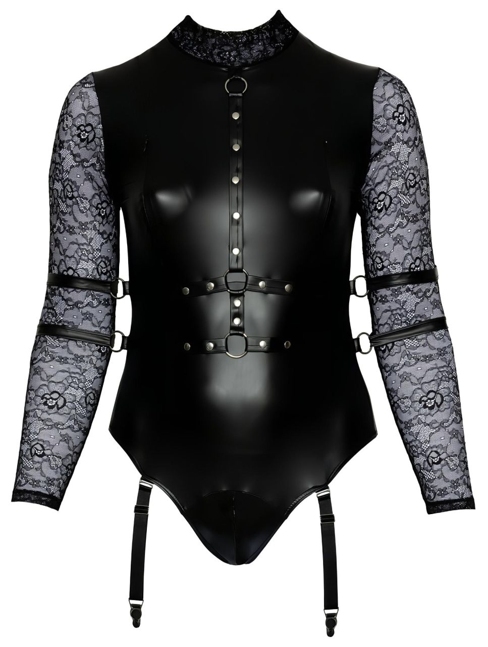 / Cottelli Bondage Plus Size - csipkésujjú body (fekete)