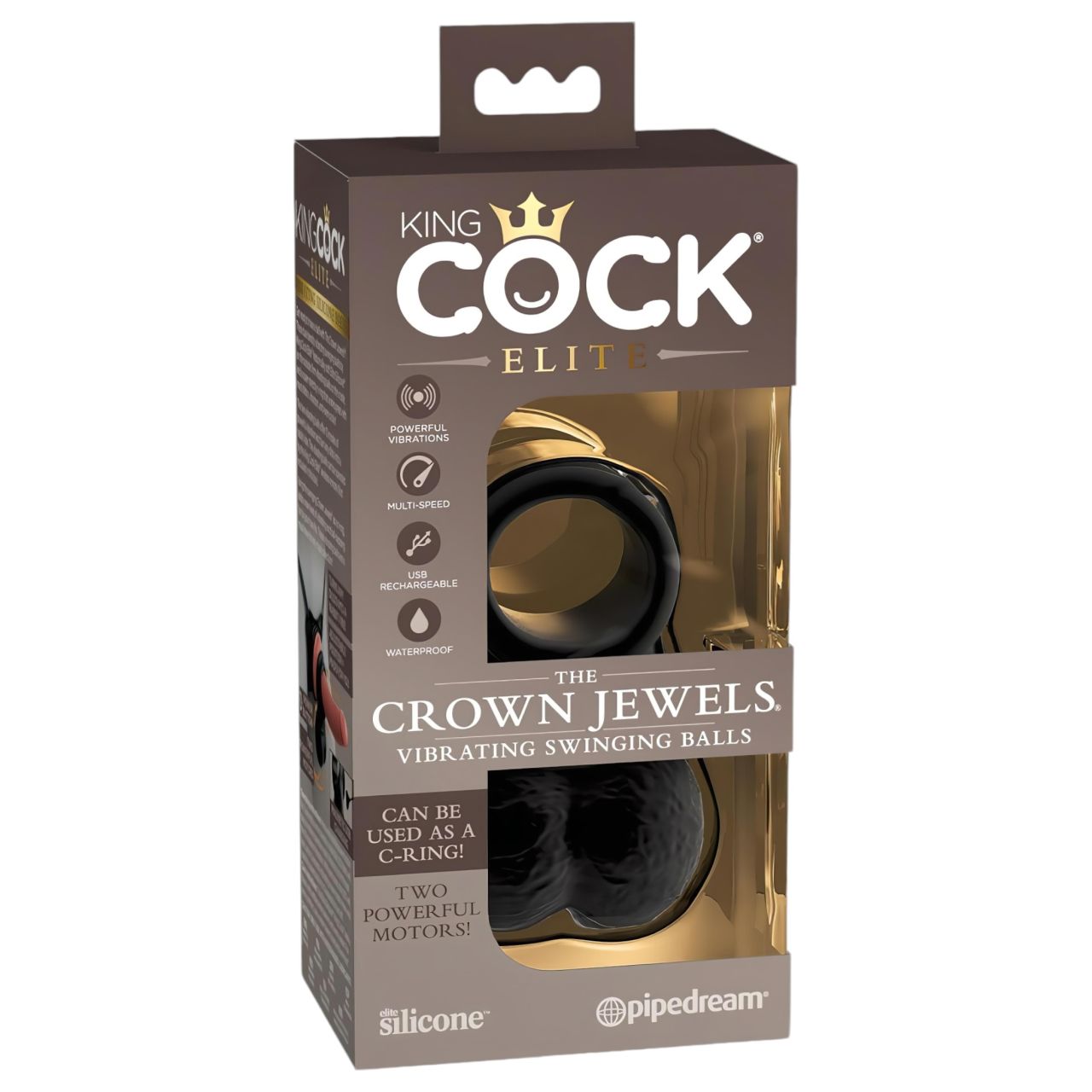 King Cock Elite Crown Jewels - lengőhere, rezgő péniszgyűrű (fekete)