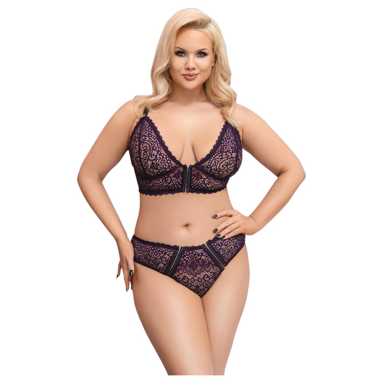 / Cottelli Plus Size - áttetsző mintás melltartó szett (lila) / Cottelli Plus Size - áttetsző mintás melltartó szett (lila)