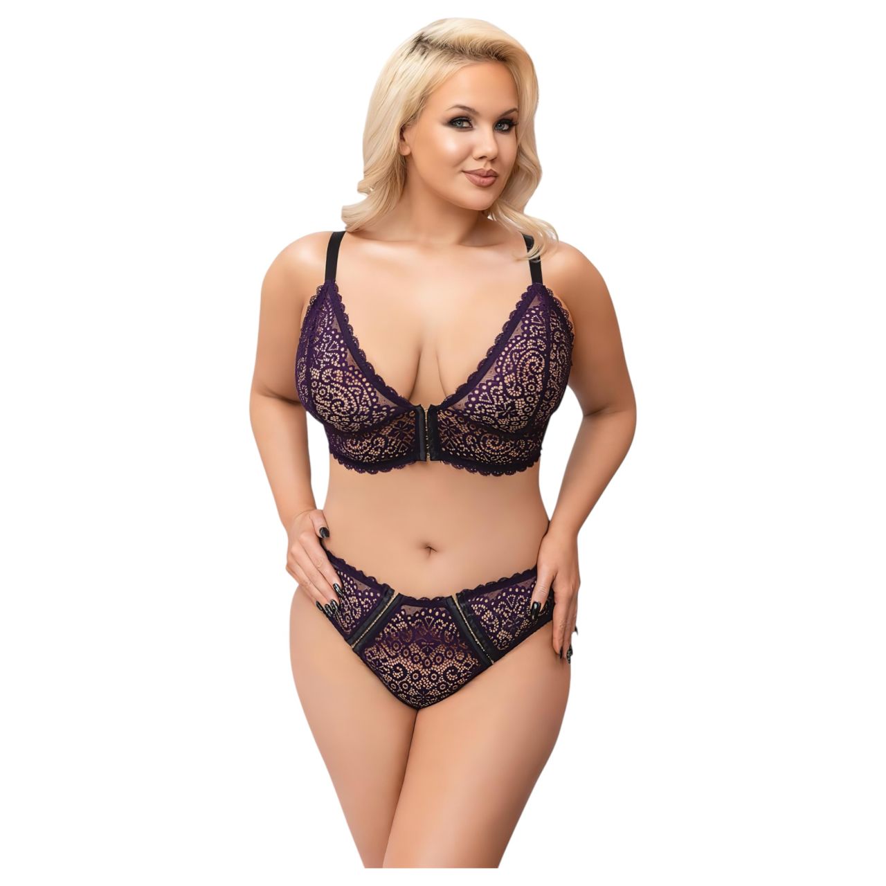 / Cottelli Plus Size - áttetsző mintás melltartó szett (lila) / Cottelli Plus Size - áttetsző mintás melltartó szett (lila)