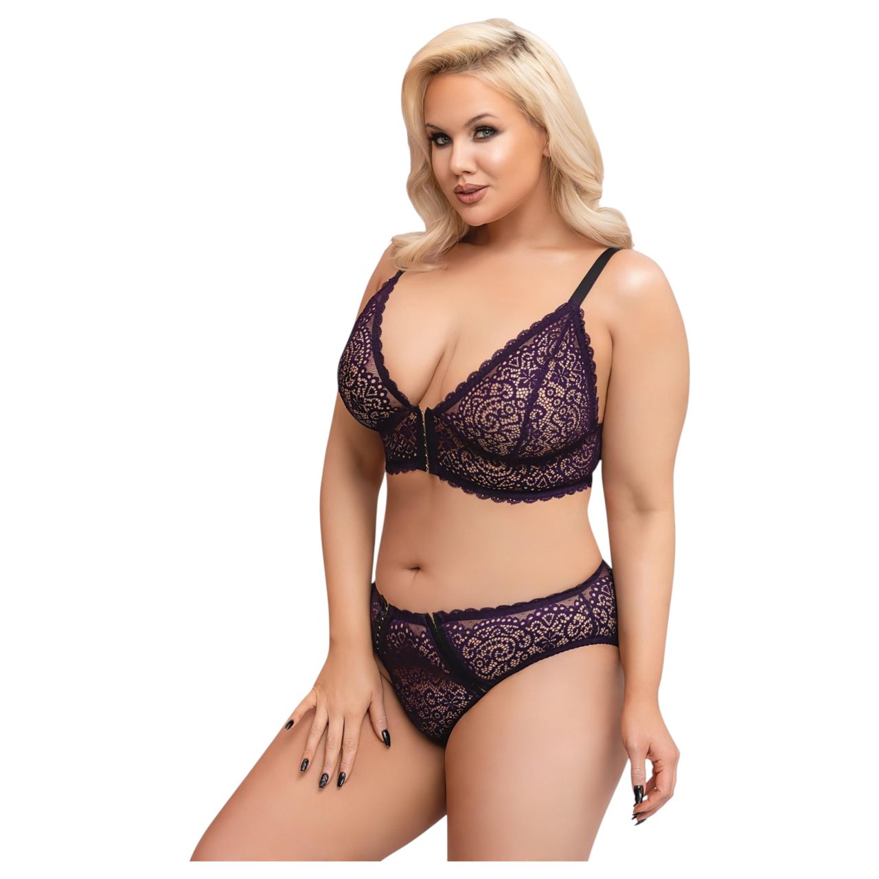 / Cottelli Plus Size - áttetsző mintás melltartó szett (lila) / Cottelli Plus Size - áttetsző mintás melltartó szett (lila)