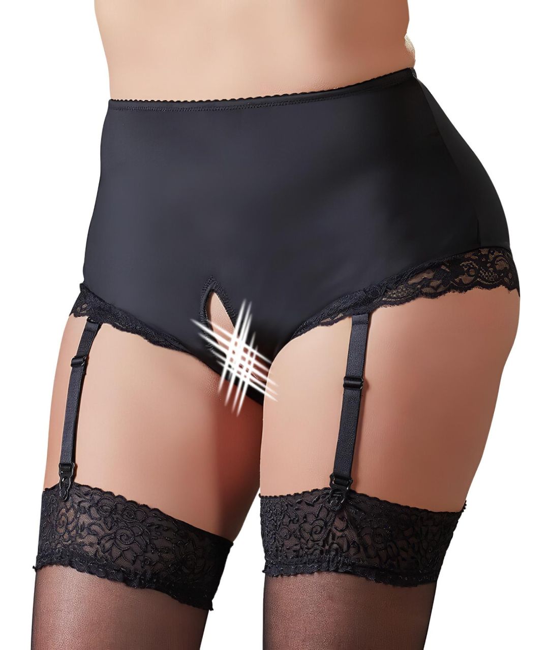 Cottelli Plus Size - harisnyatartós nyitott bugyi (fekete)