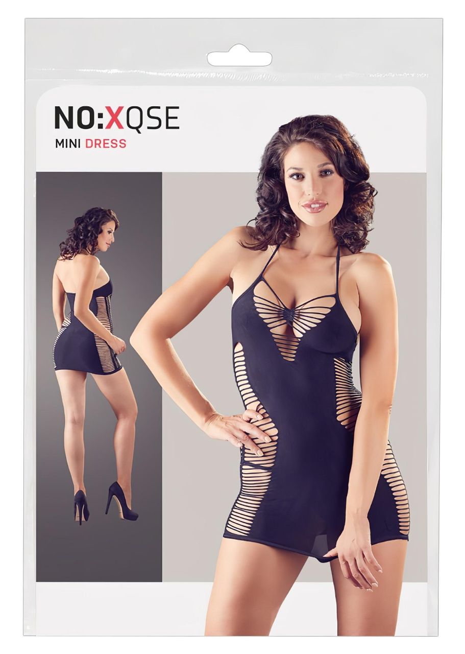 NO:XQSE - oldalhálós, nyakpántos ruha és tanga - fekete (S-L)