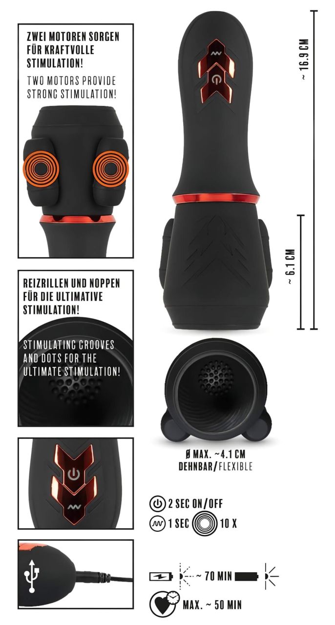 Rebel - akkus, 2 motoros makkvibrátor (fekete)