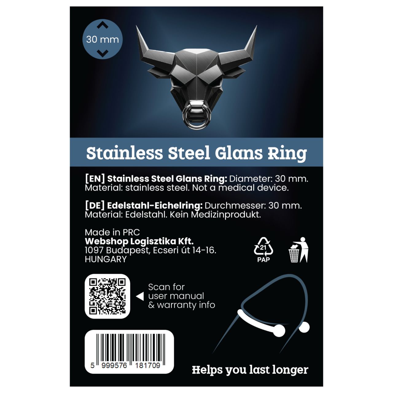 Rozsdamentes fém makkgyűrű - ejakuláció késleltetéshez (30mm) Rozsdamentes fém makkgyűrű - ejakuláció késleltetéshez (30mm)