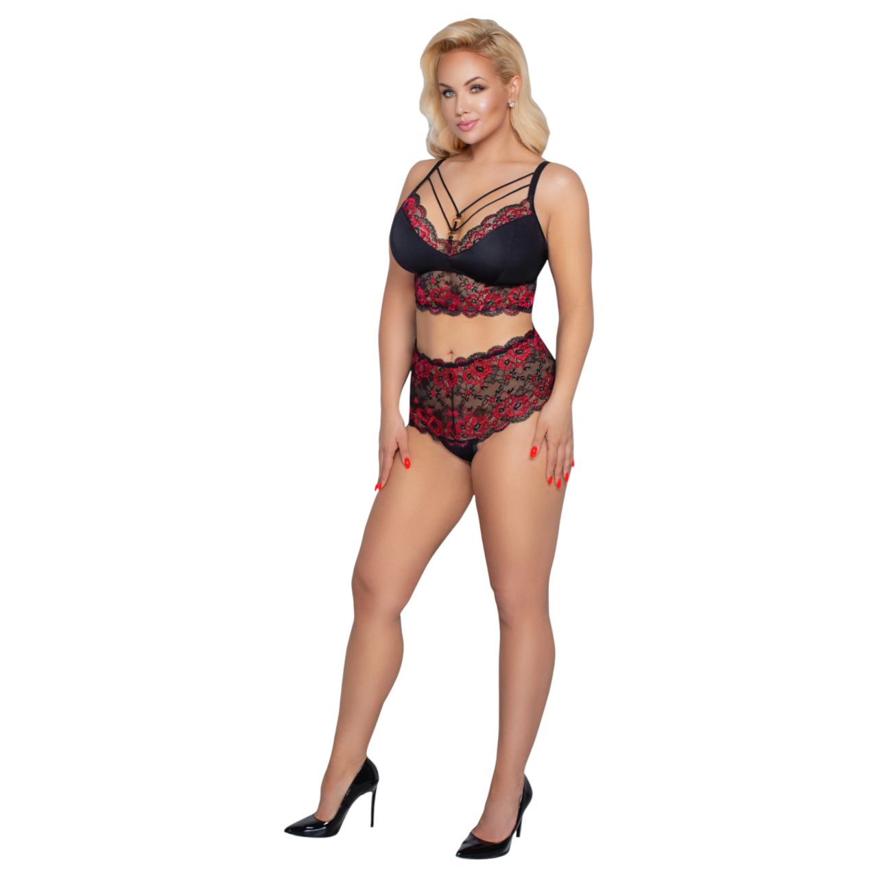 Cottelli Curvies - virágos csipke fehérnemű szett (fekete) Cottelli Curvies - virágos csipke fehérnemű szett (fekete)