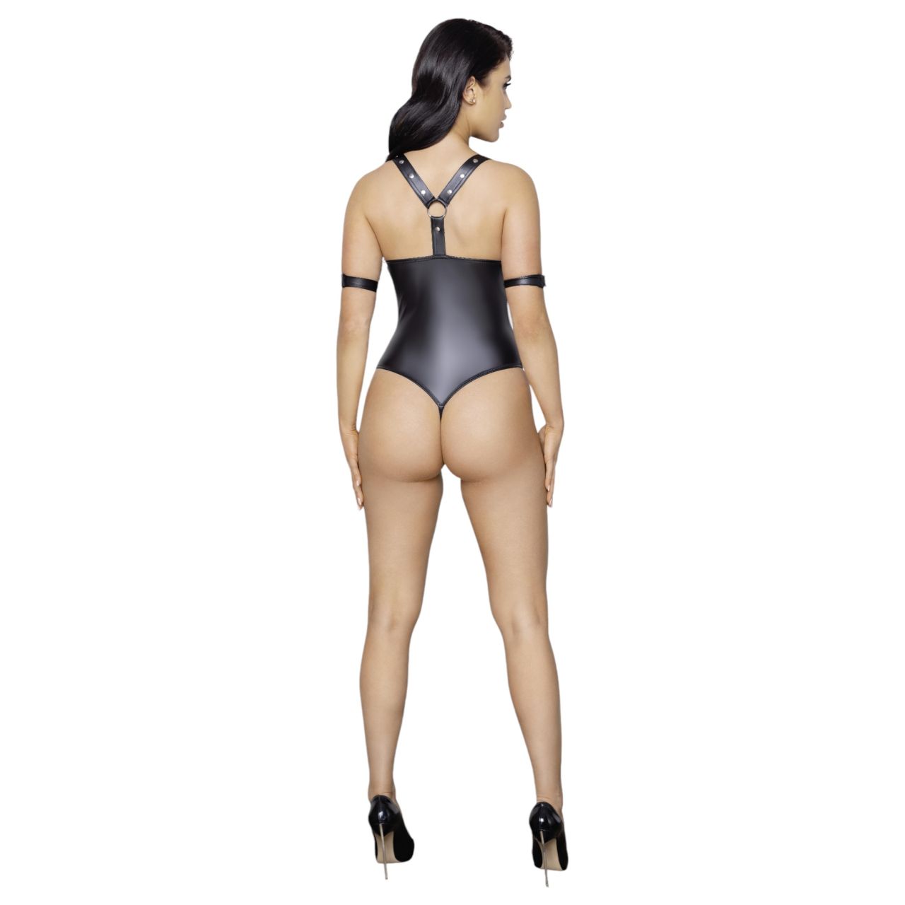/ Cottelli Bondage - fényes, gyűrűs, nyitott body (fekete) / Cottelli Bondage - fényes, gyűrűs, nyitott body (fekete)