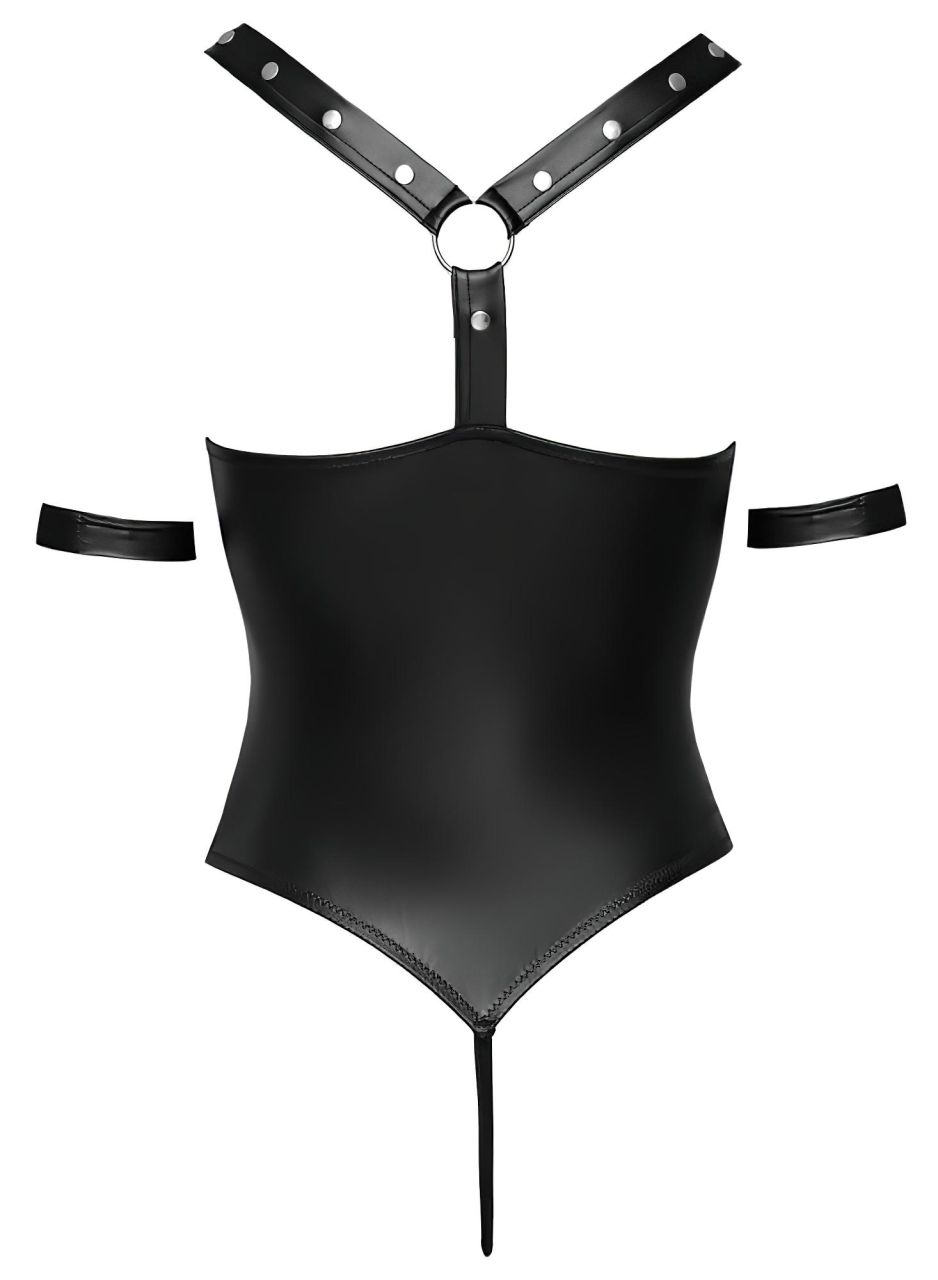 / Cottelli Bondage - fényes, gyűrűs, nyitott body (fekete) / Cottelli Bondage - fényes, gyűrűs, nyitott body (fekete)