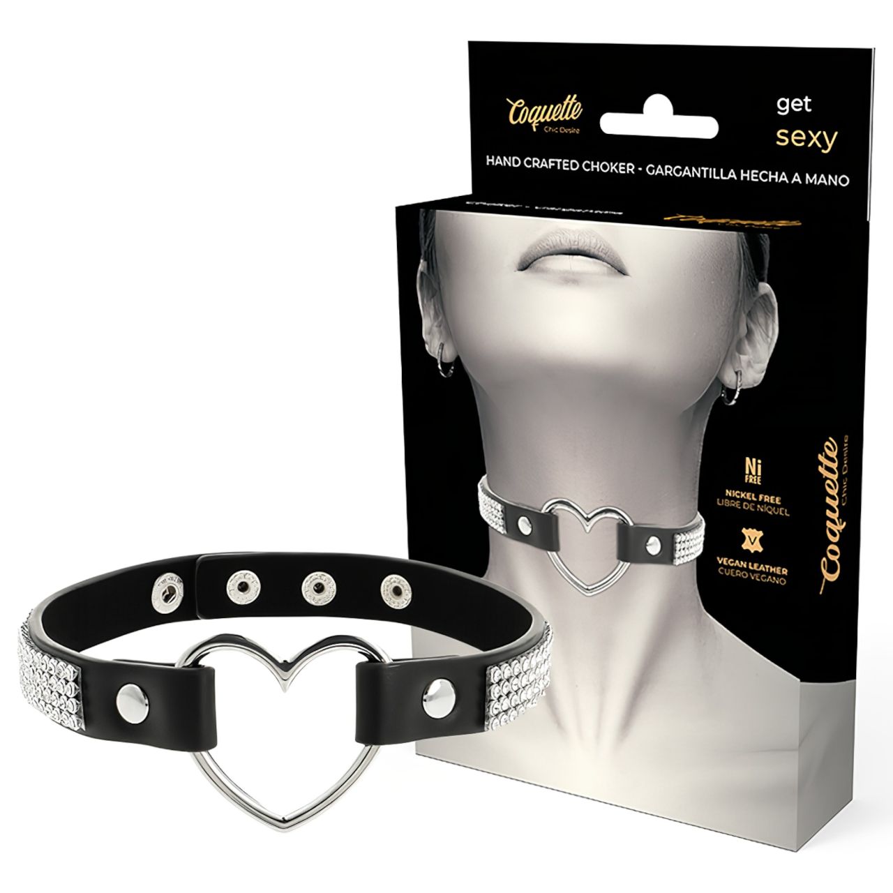 Coquette - strasszos choker szív medállal (fekete)