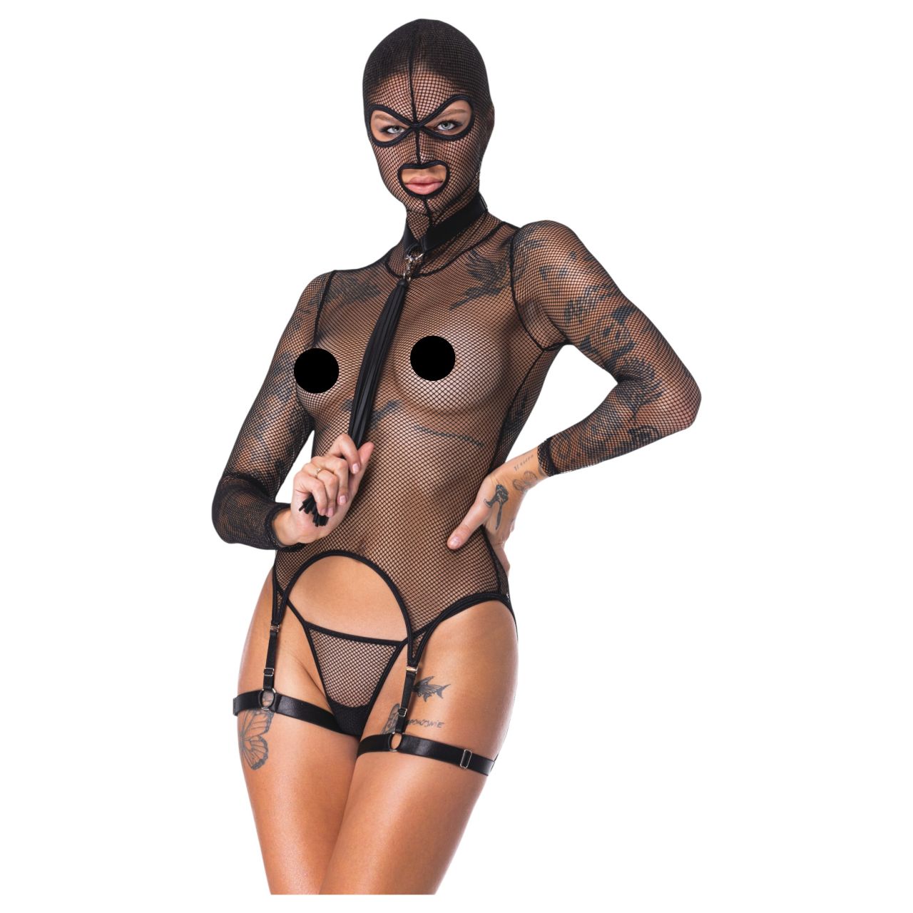 Bad Kitty - BDSM áttetsző necc szett korbáccsal (fekete)