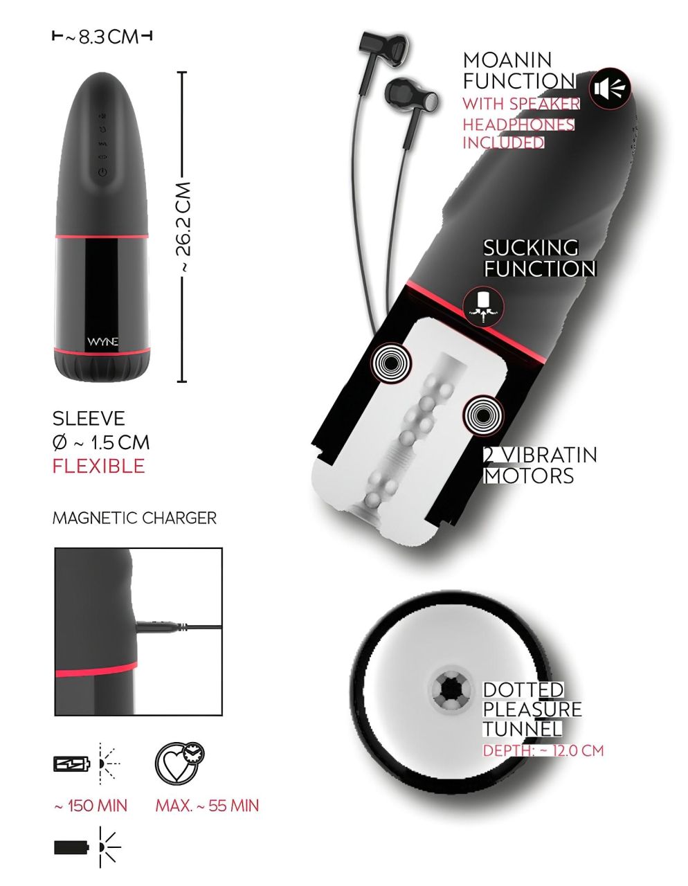 WYNE 02 - akkus, rezgő-szívó maszturbátor (fekete-fehér) WYNE 02 - akkus, rezgő-szívó maszturbátor (fekete-fehér)