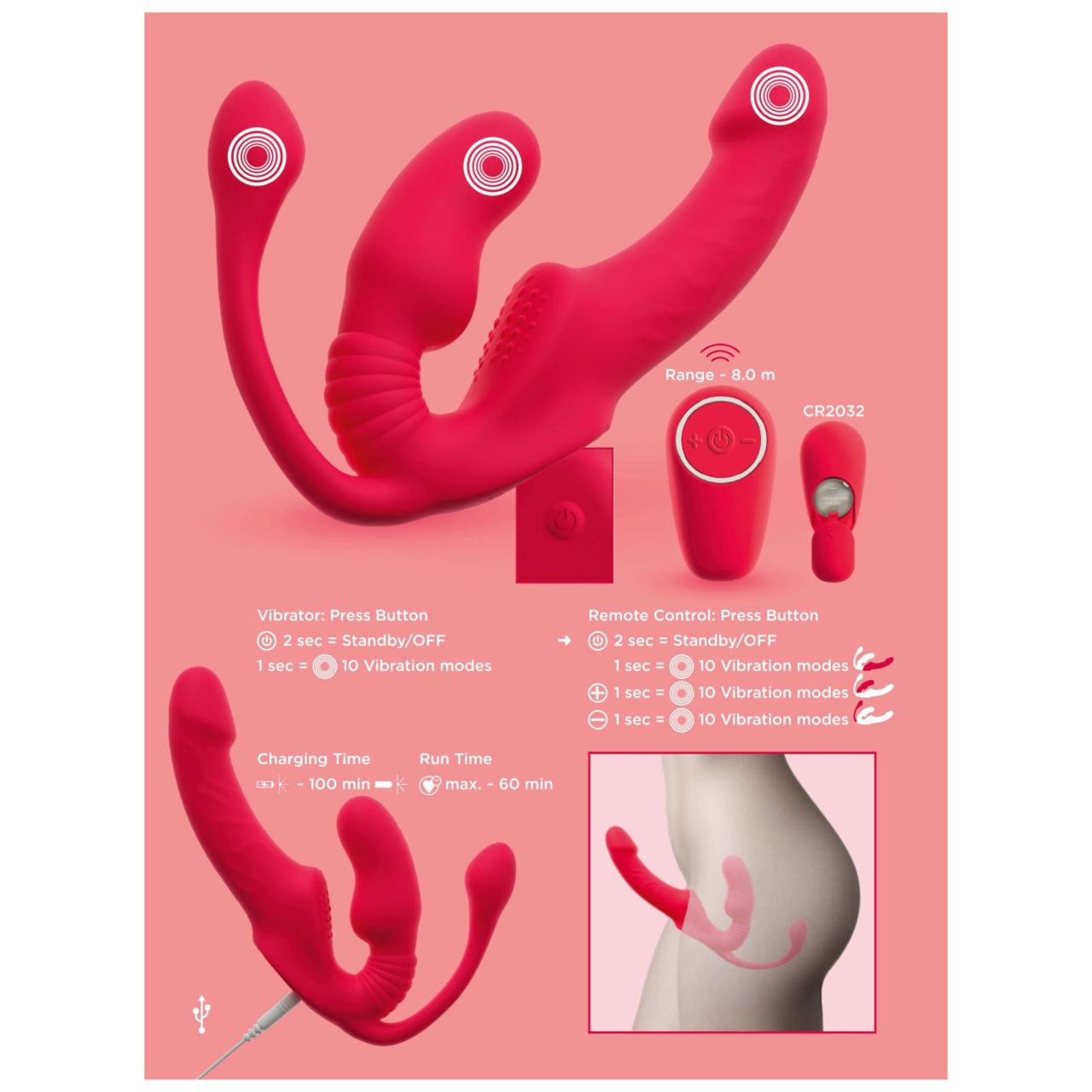 You2Toys Strapless - felcsatolható 3 ágú vibrátor (piros)
