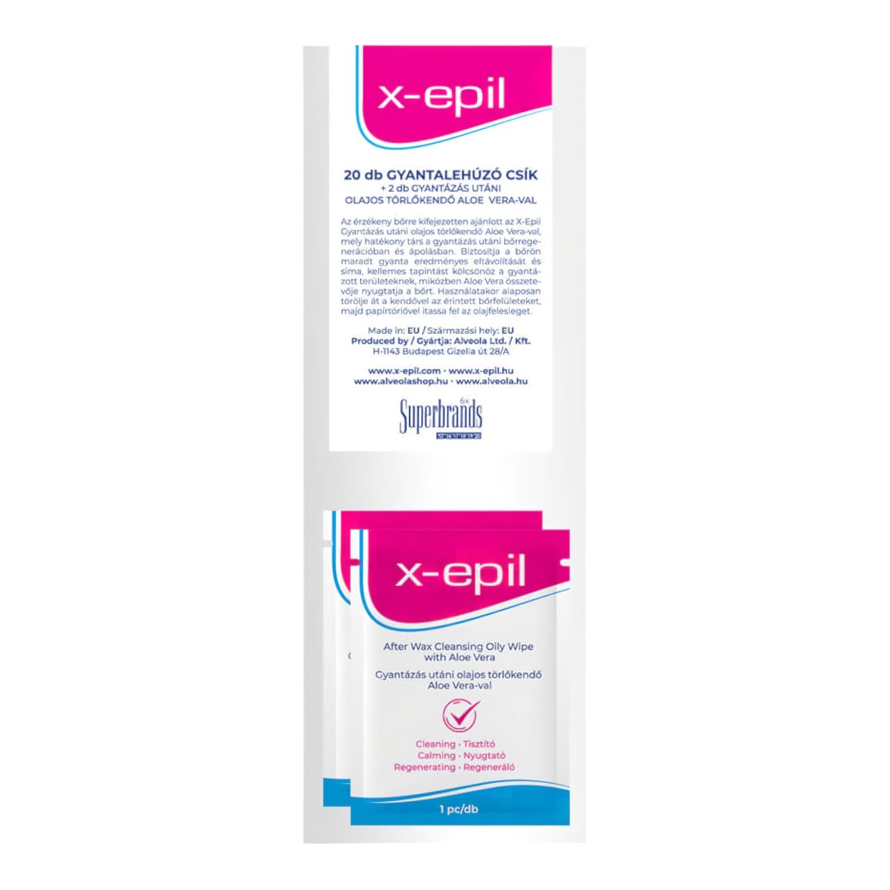 X-Epil - lehúzó textil csíkok (20db) + olajos törlő kendő (2db)