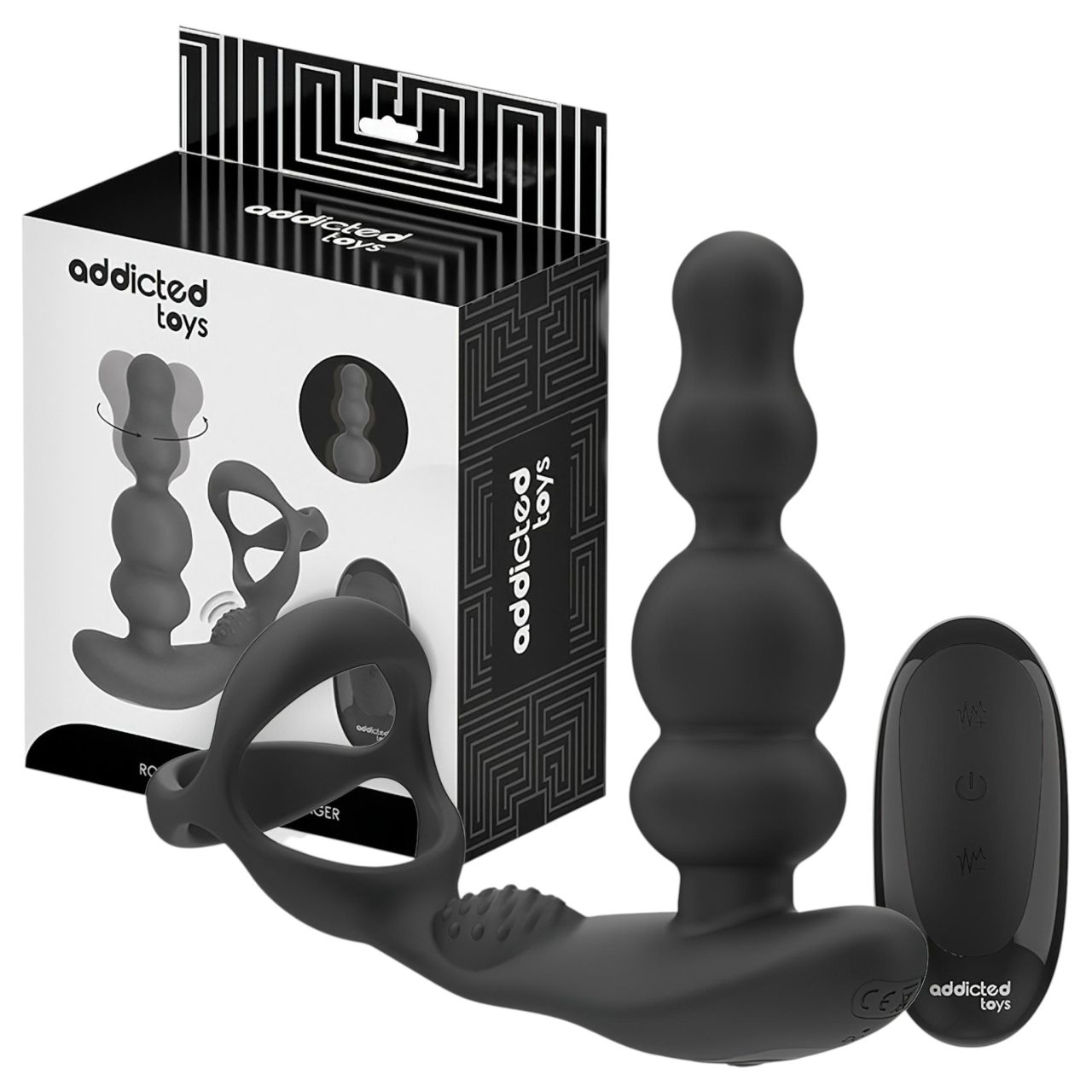 Addicted Toys - forgó fejes análvibrátor péniszgyűrűvel (fekete)
