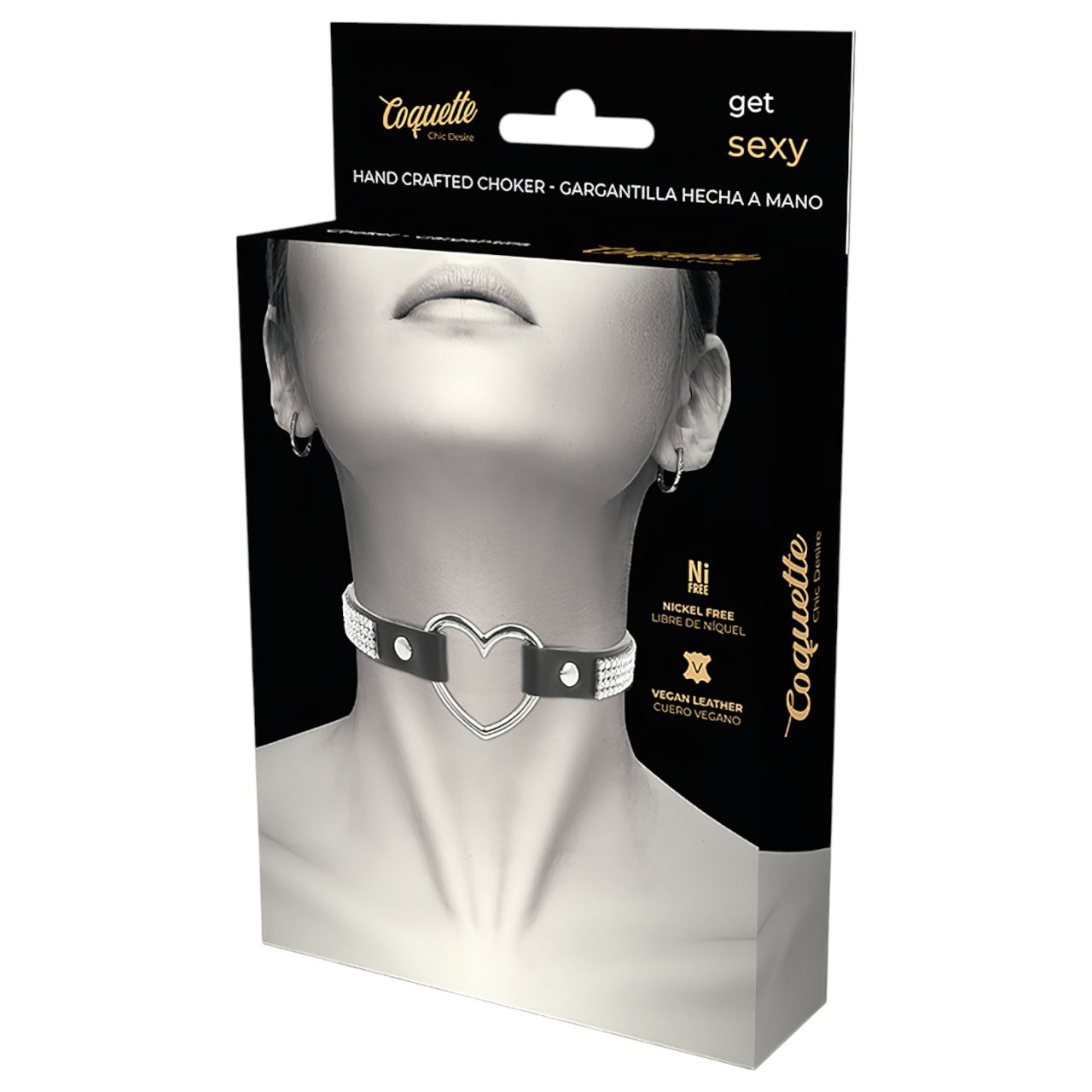 Coquette - strasszos choker nyakpánt szív medállal (fekete)