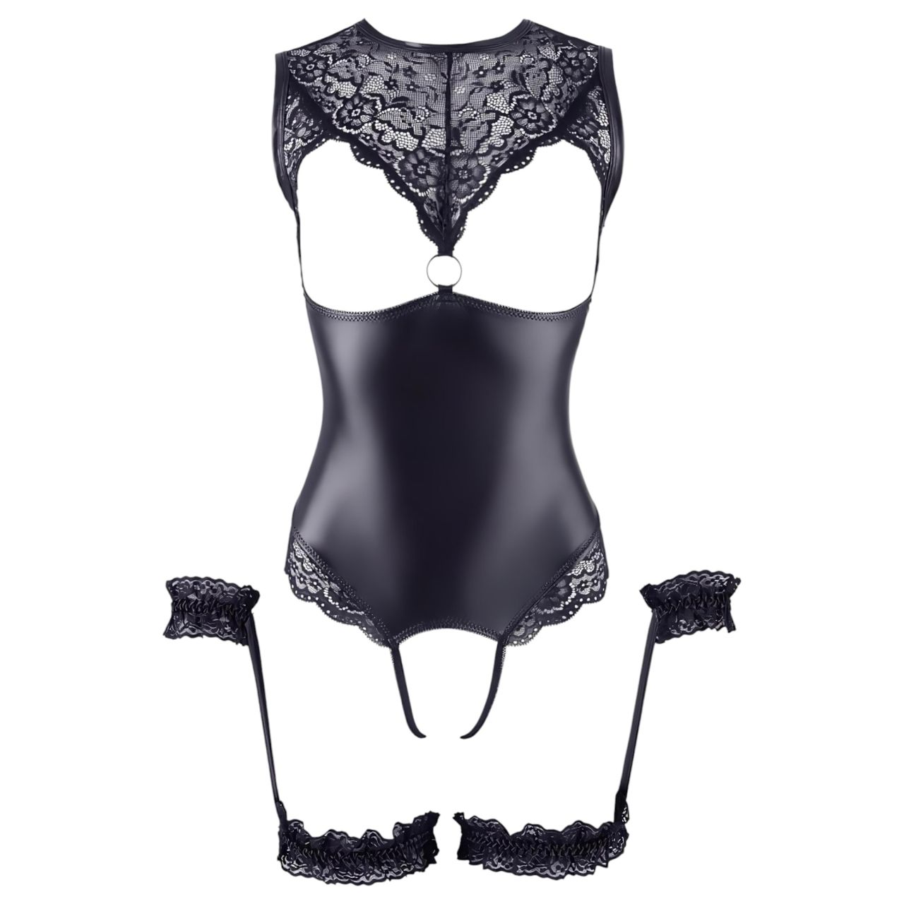 Cottelli Bondage - fényes nyitott body és kar bilincs (fekete)