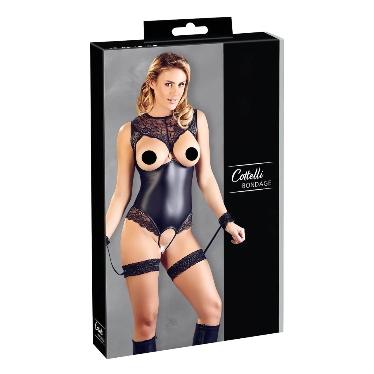 Cottelli Bondage - fényes nyitott body és kar bilincs (fekete)
