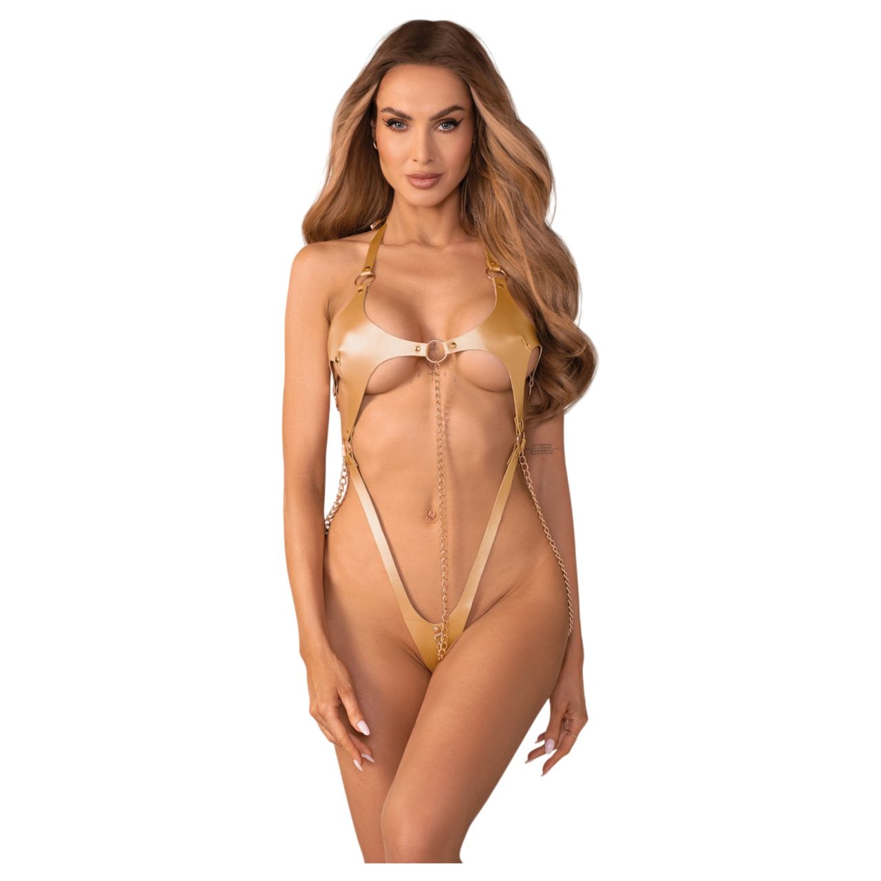 Obsessive Anyya - láncos bőrhatásű pántos body (arany)