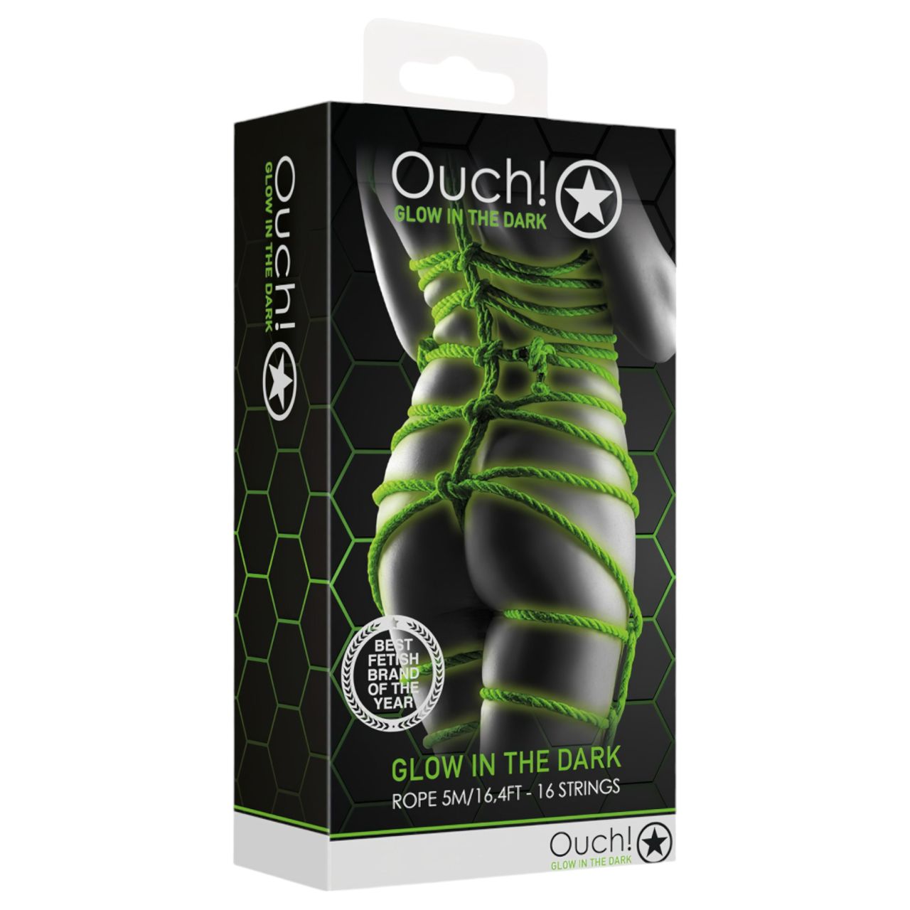 Ouch! - sötétben világító bondage kötél (10 m, zöld)