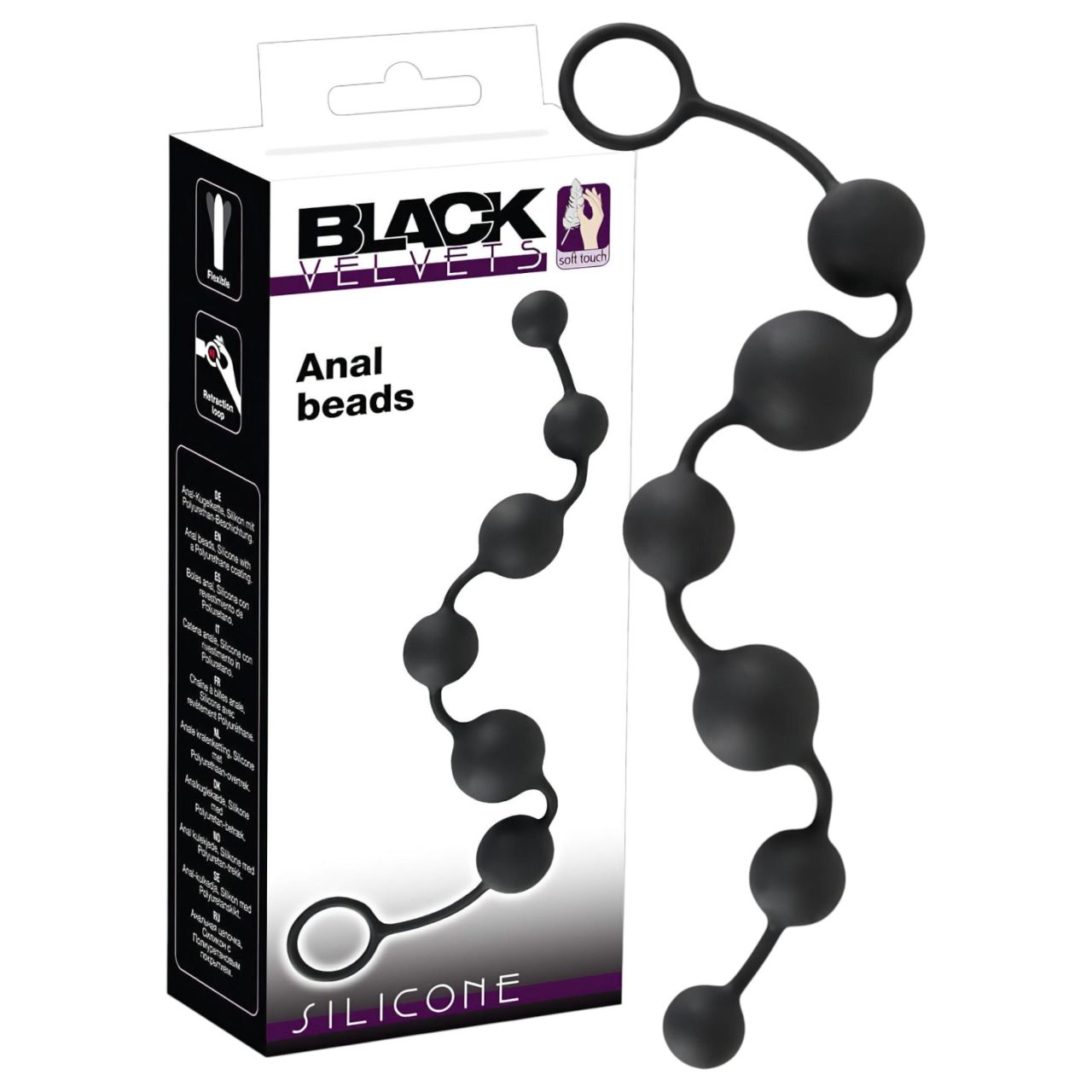 Black Velvets - 7 gyöngyös anal beads kihúzó gyűrűvel (fekete)