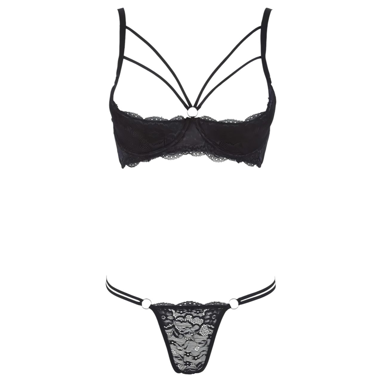 Cottelli - pántos, gyűrűs push-up melltartó és tanga (fekete) Cottelli - pántos, gyűrűs push-up melltartó és tanga (fekete)