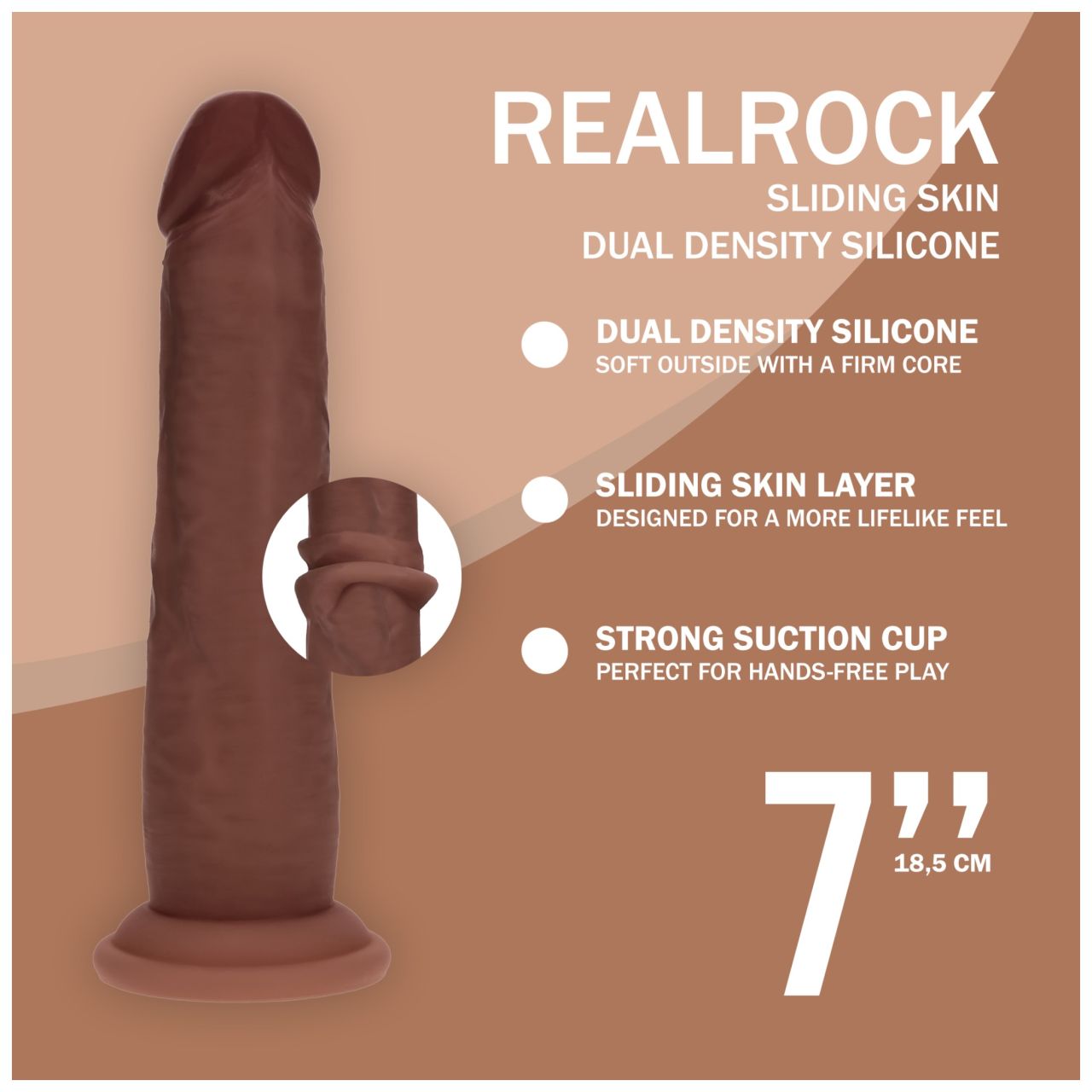 RealRock - dupla sűrűségű élethű dildó (barna) - 18,5 cm