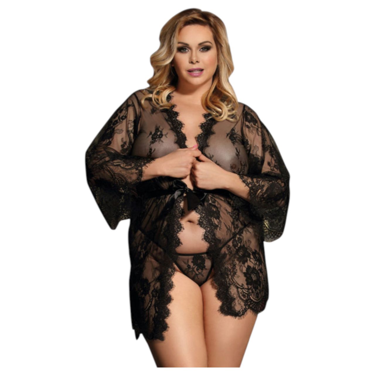 Subblime Queen Plus - fekete csipke köntös szett (XL-2XL)