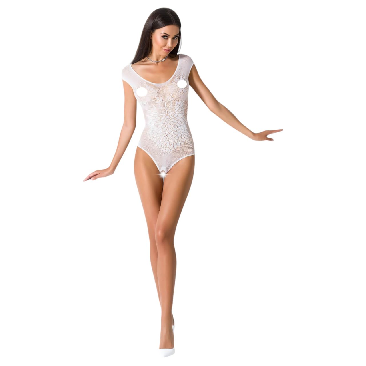 Passion BS064 - nyitott fehér necc body (S-L)