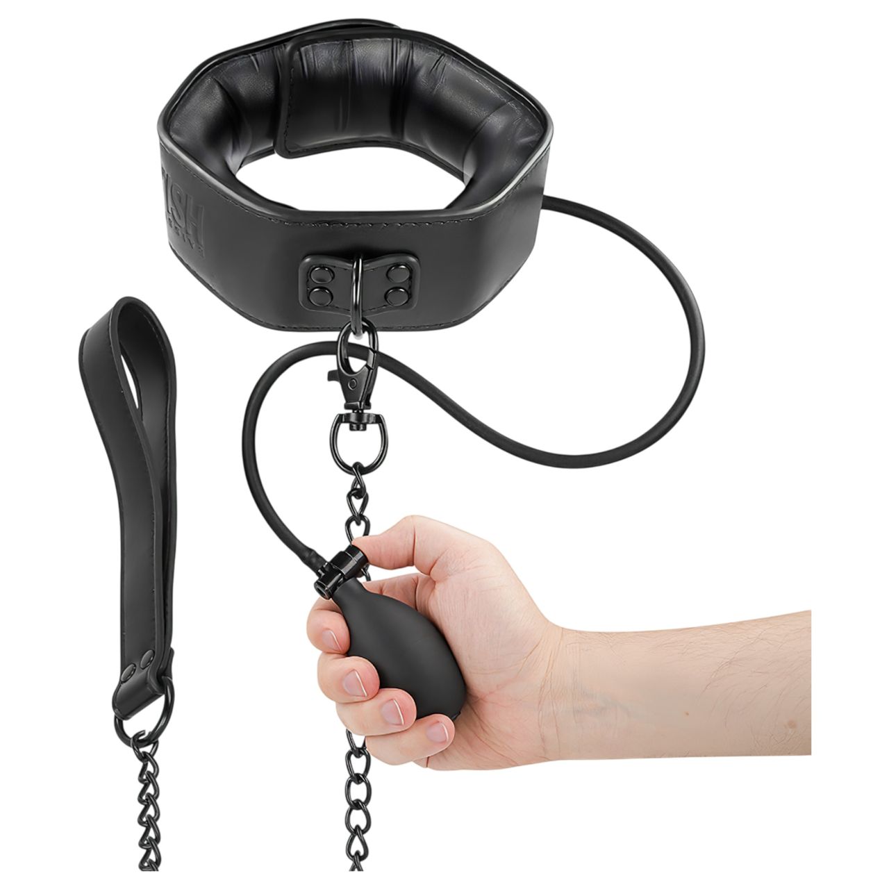 Fetish - felpumpálható nyakörv pórázzal (fekete)
