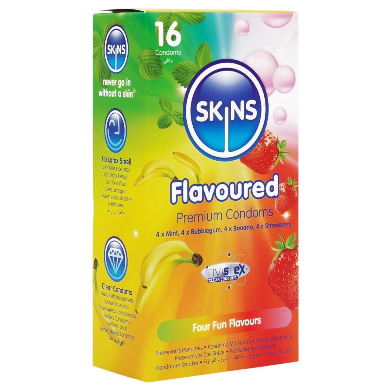Skins - ízes óvszer - menta, rágó, banán, eper (16 db) Skins - ízes óvszer - menta, rágó, banán, eper (16 db)